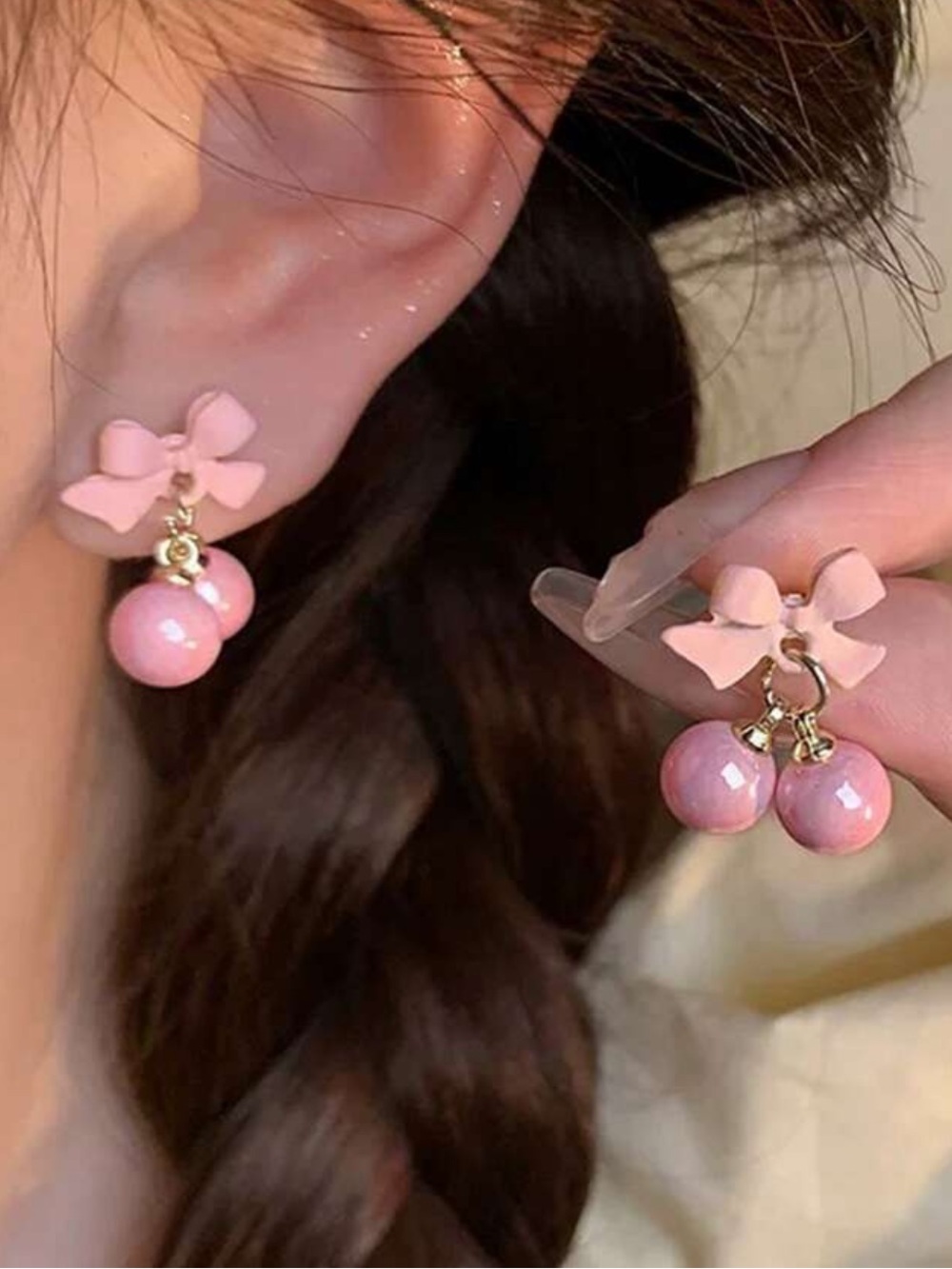 Pink Bow Drop Earrings with Pink Beads